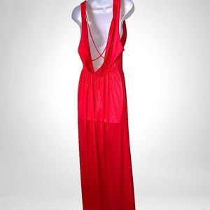 *MUST BUNDLE FOR 5+ ITEMS*VTG 70s LILY of FRANCE RED NYLON GOWN V-NECK COWL BACK